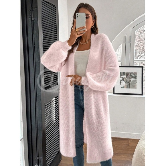 Fuzzy Chevron Pink White Open Cardigan Long Bishop Sleeve Soft - Picture 5 of 8